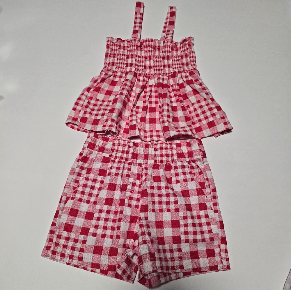 Girl's Size 4/5 Linen Blend 2-Piece Tank & Easy Pull-On Short Set - Red Gingham